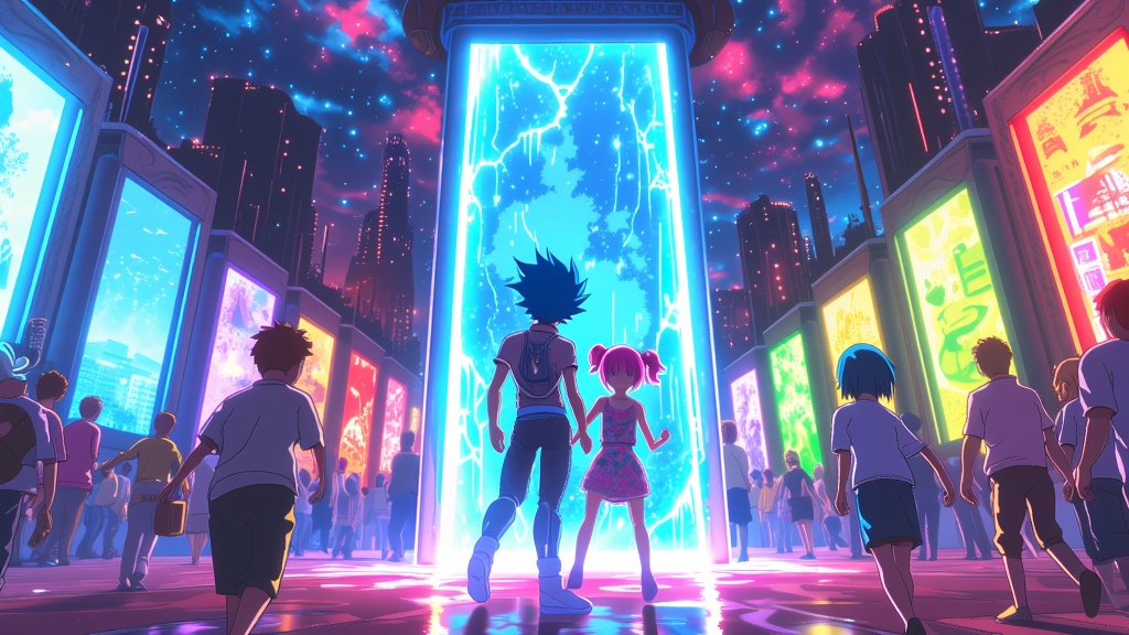Sub-design Idea 3 (Interdimensional Portal Party): Characters from diverse anime dimensions step through interconnected portals into a central MomoCon-themed party zone, with each portal offering a glimpse into a different world, all leading to one unified celebration.