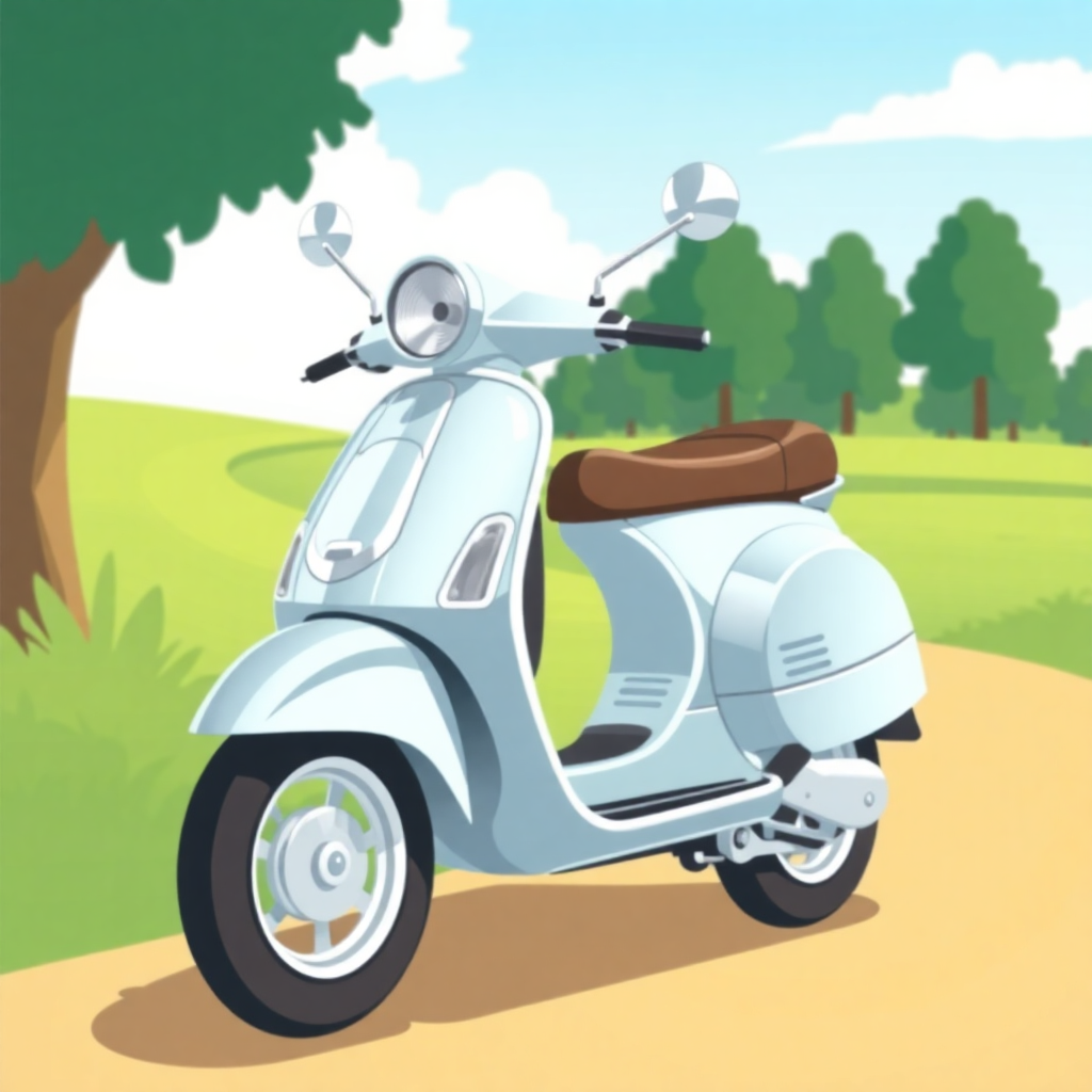 The image is an illustration of a light blue scooter parked on a dirt road in a park. The scooter has a brown leather seat and two round mirrors on the front. It is parked on the side of the road with a tree on the left side and a grassy field on the right side. The sky is blue with white clouds and there are trees in the background. The overall color scheme of the image is light blue and green.