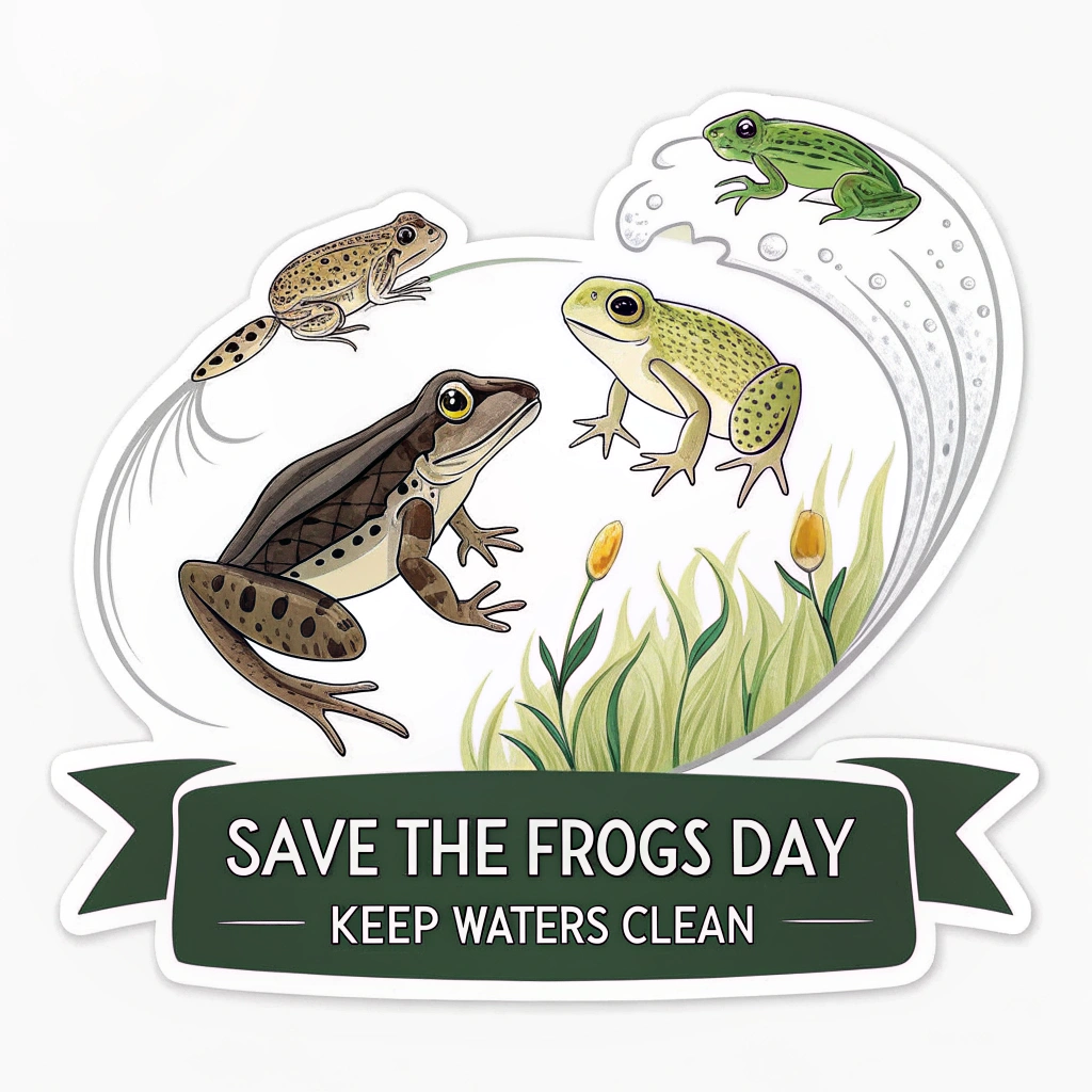 Linear Progression Sticker: Show the lifecycle stages progressing linearly from left to right or bottom to top. Add a banner below or above with the text 'Save The Frogs Day' and a call to action like 'Keep Waters Clean'.