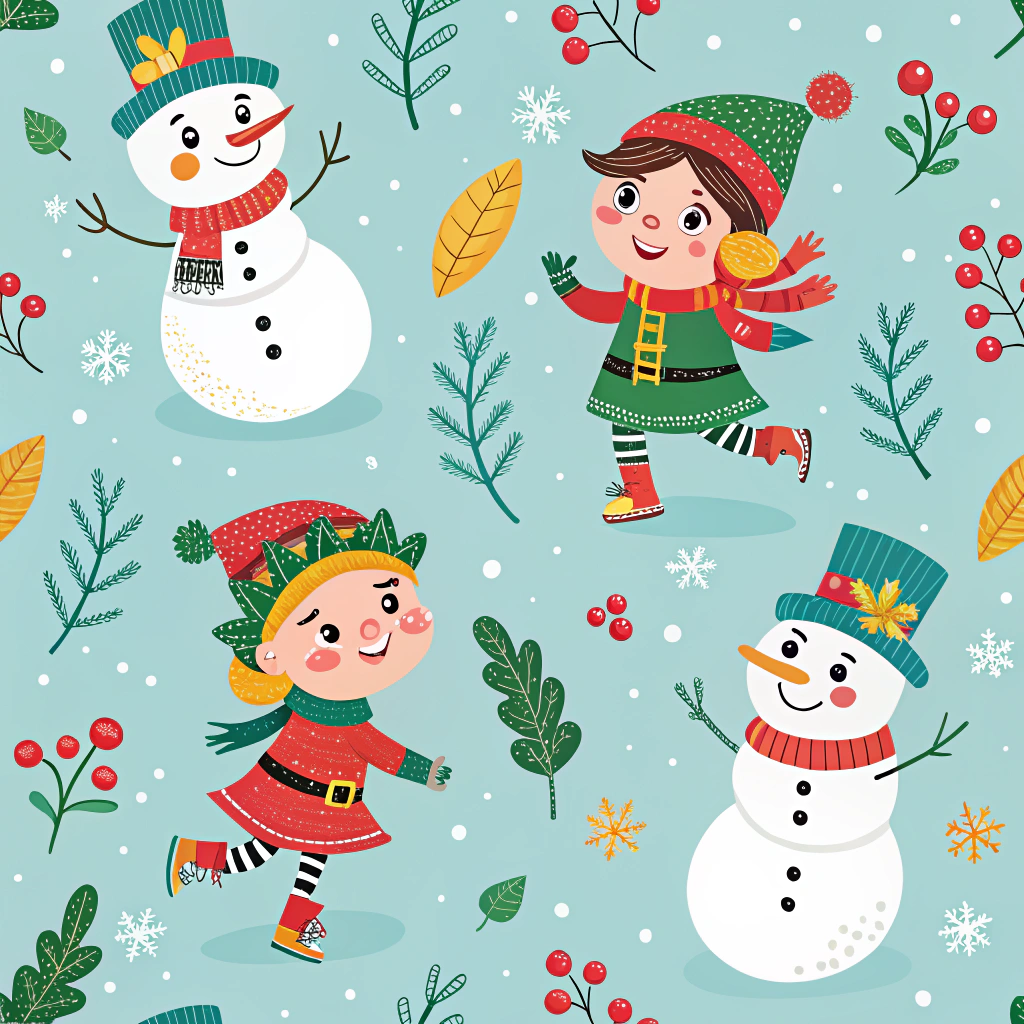 A pair of matching family pajamas with vibrant Christmas patterns of elves and snowmen, laid out on a bed, ready for a fun and festive photoshoot.