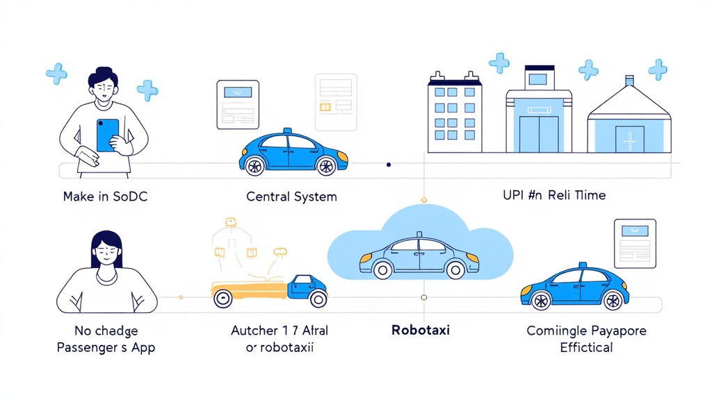 An infographic-style illustration depicting the entire communication loop: from a passenger request via an app, to the central system assigning a robotaxi, the robotaxi communicating with infrastructure (V2I) and other vehicles (V2V) to navigate efficiently, and finally, updating the passenger and the central system.