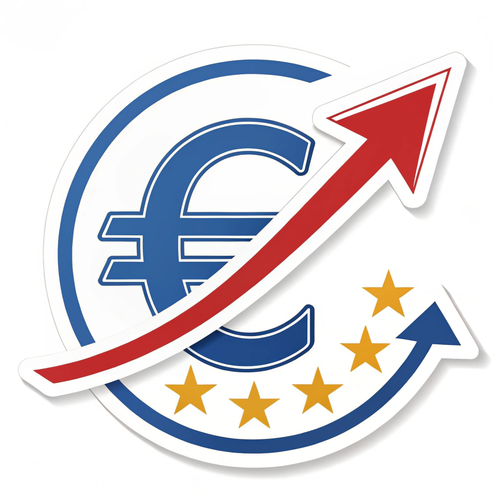 A sticker depicting the Euro symbol with a stylized upward arrow, symbolizing growth and prosperity for Europe.