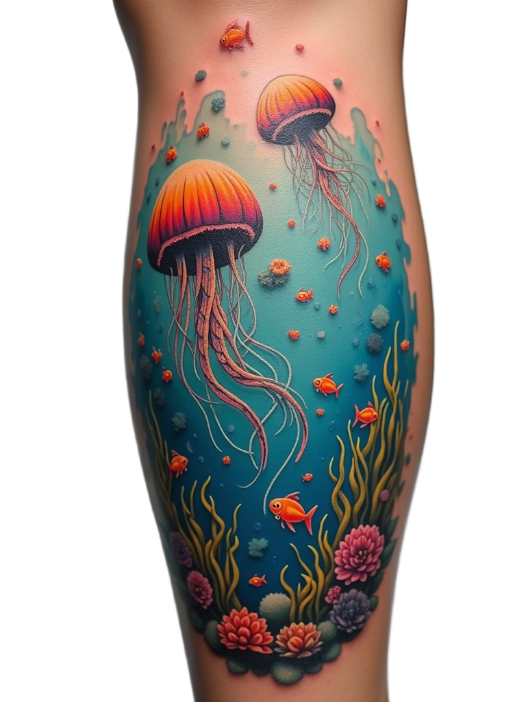 A surreal underwater scene tattoo on a leg, showcasing a plethora of marine life like jellyfish, schools of fish, and seaweed swaying.