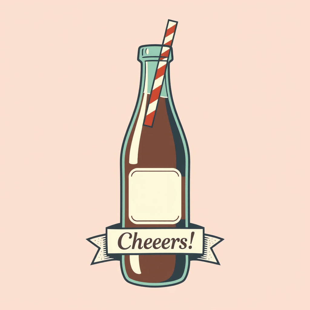 Simple Icon Concept: A single, iconic retro soda bottle. Render it with a slightly chunky outline, a desaturated color (e.g., faded red or teal), a simplified label area, and a striped paper straw. Apply a halftone dot pattern or a subtle distressed texture to enhance the vintage feel. A small, celebratory ribbon banner could be included with text like 'Cheers!'.