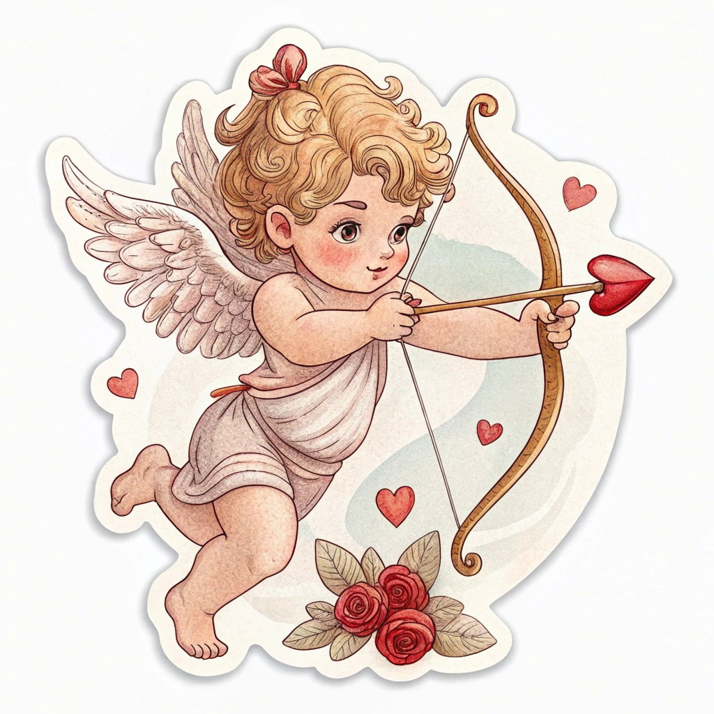 A sticker featuring a vintage illustration of a cupid, possibly with a bow and arrow, rendered in soft, pastel colors.