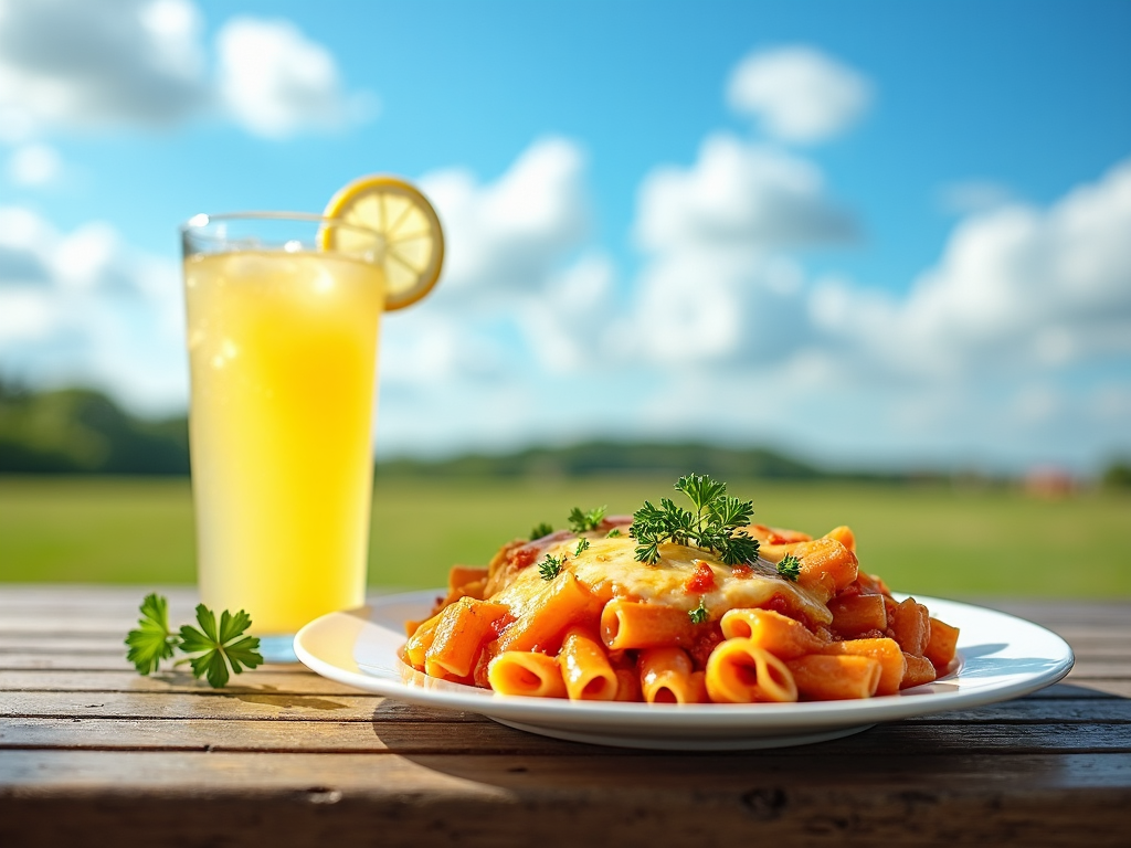 A freshly-served plate of baked ziti garnished with parsley and served with a tall glass of lemonade, on an outdoor picnic table under a bright, sunny sky.