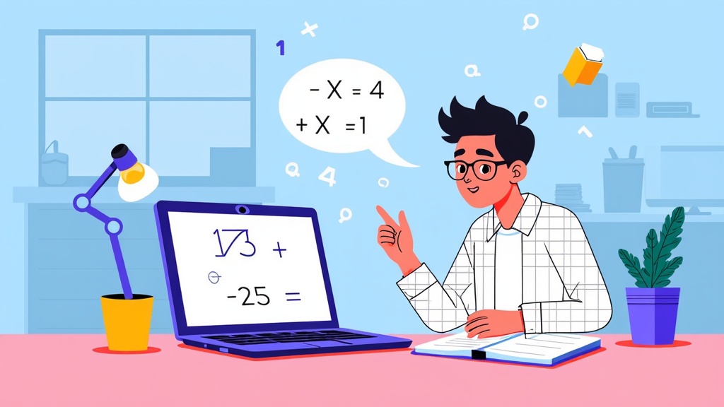 A high school tutor uses an open flat design laptop to demonstrate math problems to virtual students, showcasing the device's capabilities in supporting remote learning technologies.