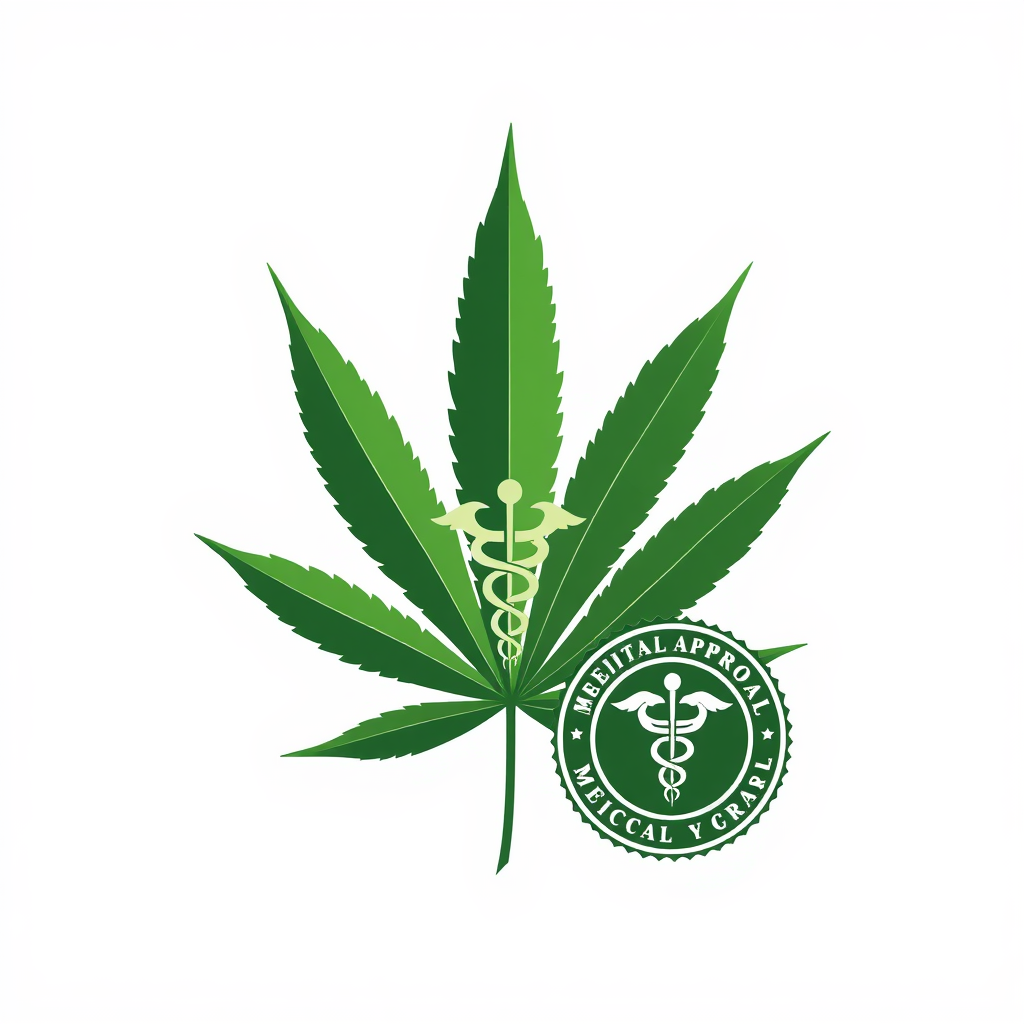 Geometric leaf with caduceus seal: A prominent, clean geometric cannabis leaf paired with a small, distinct, and equally geometric caduceus symbol placed to its side or as a subtle integrated mark, like a stamp of medical approval.