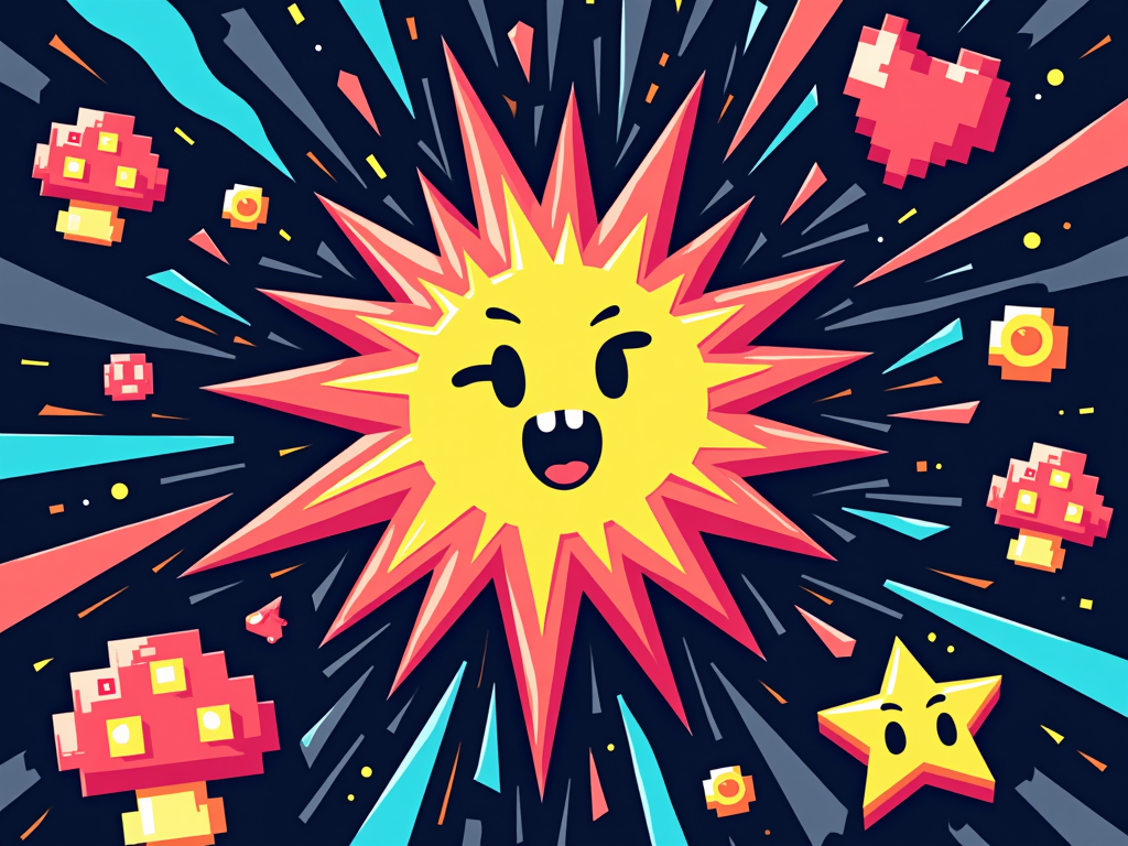 Retro Gamer Revival T-Shirt Design: A vibrant, abstract pattern made of famous pixelated power-ups (stars, hearts, coins, 1-UP mushrooms) and simple geometric polygon shards, appearing to 'burst' from the center of the shirt. Color palette should be bright and reminiscent of arcade games.