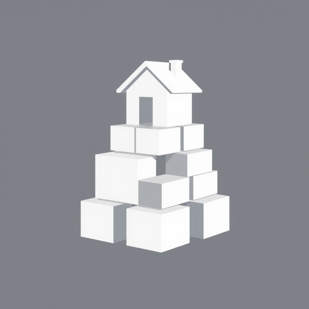 Design emphasizing a strong, clearly defined foundational base made of several interlocked solid blocks, from which a simpler, lighter house structure emerges, highlighting stability, security, and the fundamental nature of affordable housing.