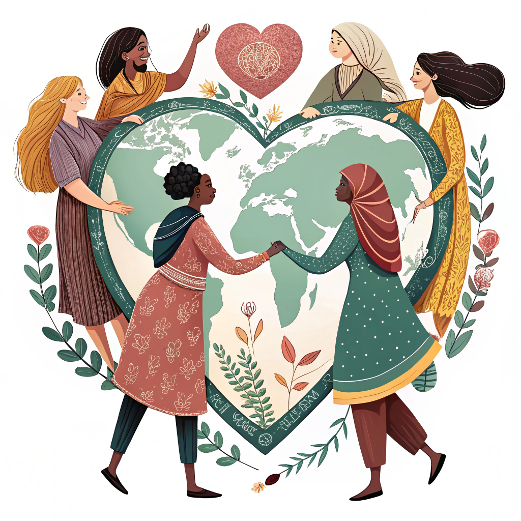 A heart-shaped world with diverse women holding hands, signifying global women's health and unity.