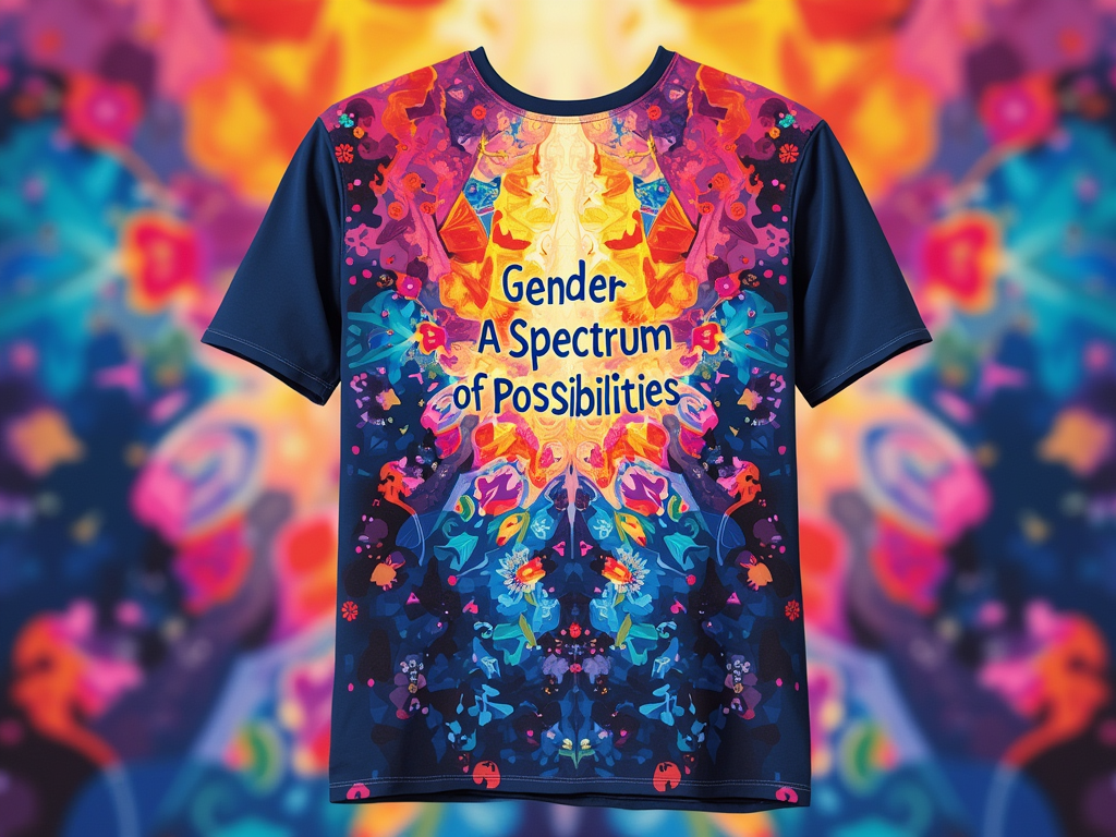 Kaleidoscope of Being: A T-shirt design mimicking a vibrant kaleidoscope view, with geometric shapes and fluid forms overlapping and blending to create a rich tapestry of colors. This symbolizes the multifaceted, unique, and ever-evolving nature of gender. Text: 'Gender: A Spectrum of Possibilities.'