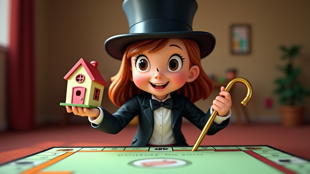 A young girl dressed as the iconic Mr. Monopoly, complete with a black top hat and monocle, stands proudly in front of a traditional Monopoly board. She holds a miniature version of a Monopoly house in one hand, symbolizing her turn to play the game. The black bowtie and cane add a charming touch to her costume, while her enthusiastic smile captures the essence of fun and strategy.