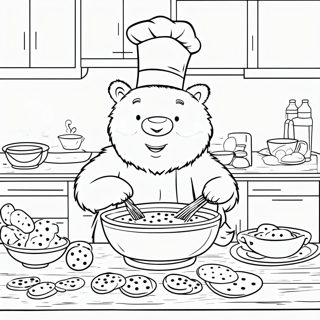 A bear chef baking cookies, filling the scene with warmth and inviting scents.