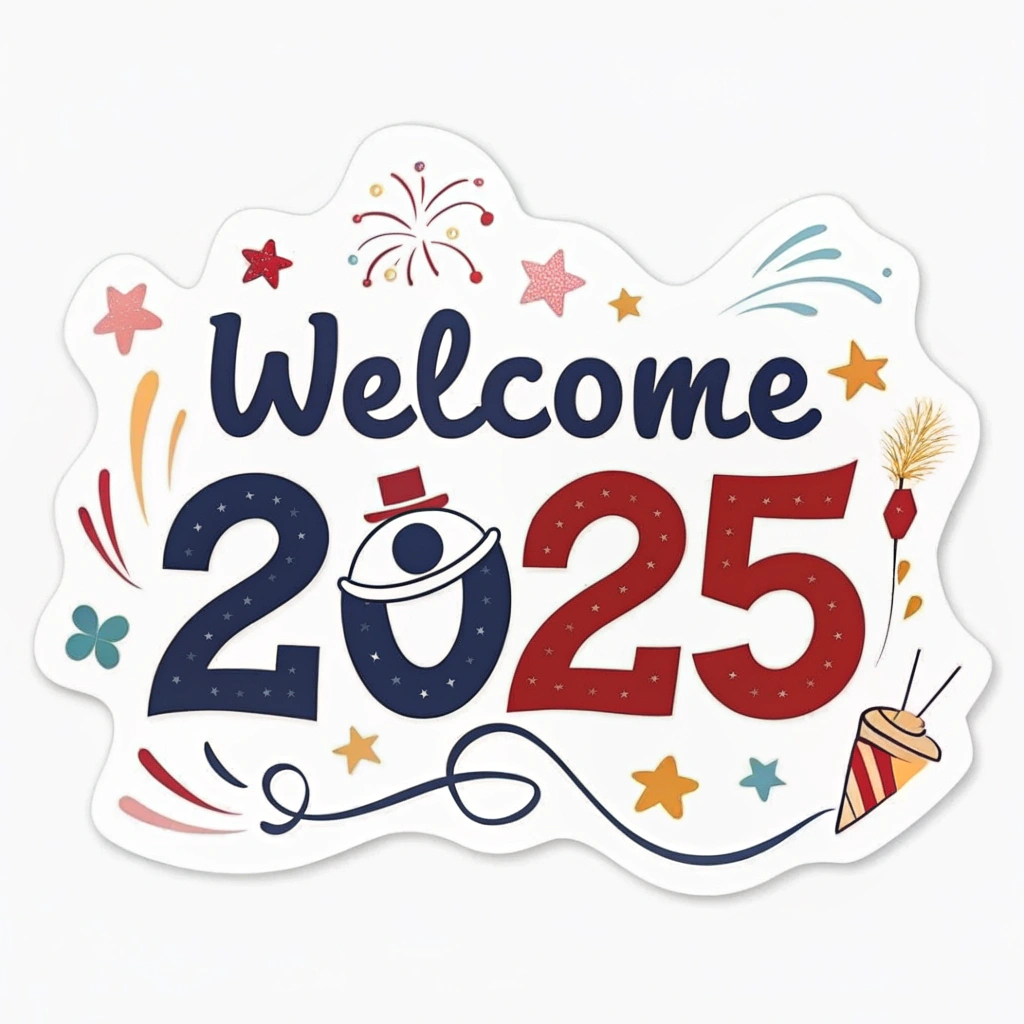 The image shows a poster with the words Welcome 2025 written in bold, white lettering against a bright blue background. The poster also features a colorful sticker with the number 2025 in the center, surrounded by a festive border of stars and confetti.