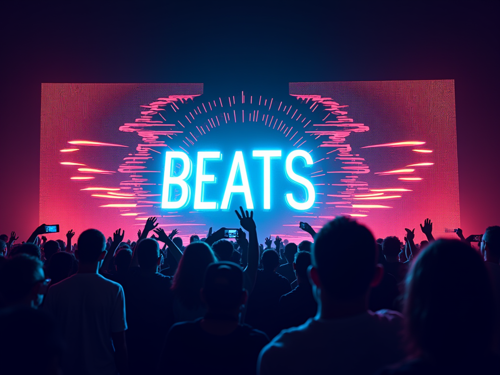 Abstract Basspod Soundwaves: T-shirt featuring Basspod stage silhouette unleashing vibrant, glitchy neon soundwaves forming patterns or text like 'BEATS'.