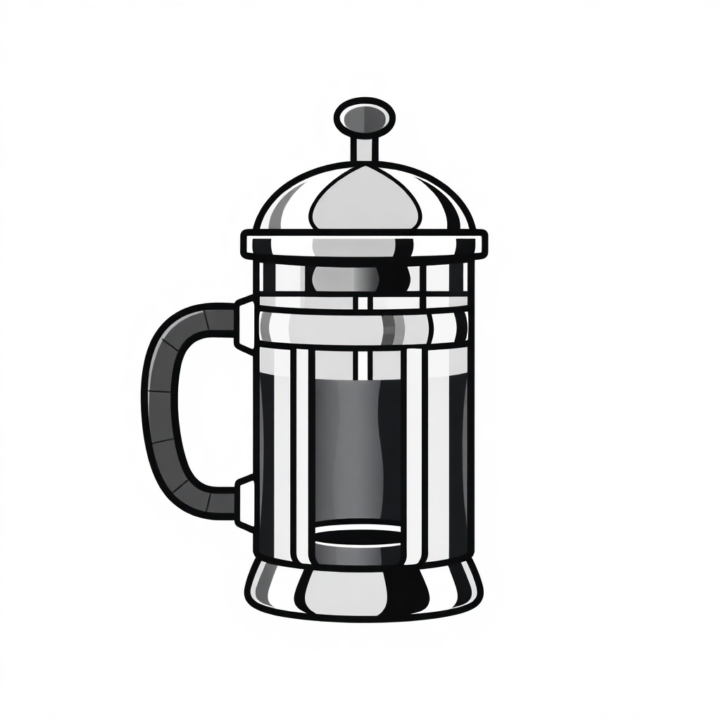 The image is a black and white illustration of a french press coffee maker. The french press is made of stainless steel and has a cylindrical shape with a handle on one side and a spout on the other. It has a lid with a small knob on top, which is likely used to open and close the lid. The body of the french press has a grid-like pattern on the sides and a small opening on the front. The handle is curved and appears to be made of a shiny material. The background is plain white.