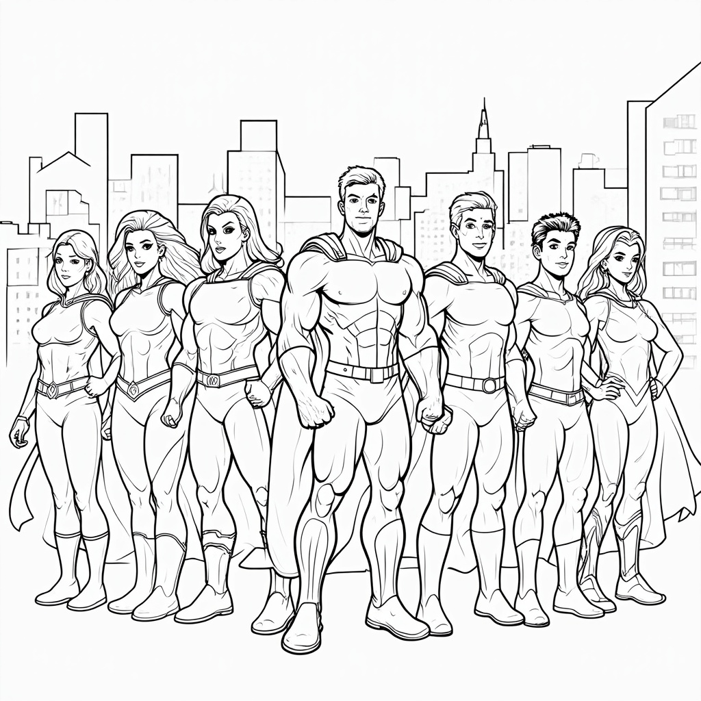 Design Idea 1: A dynamic group pose with superheroes of various ethnicities, genders, abilities, and body types standing shoulder-to-shoulder against a simple cityscape outline, ready for action.