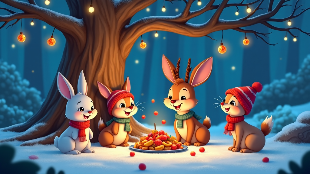 A magical winter forest setting featuring a large cartoon tree decorated with shimmering ornaments and twinkling fairy lights. Forest animals like rabbits, deer, and birds, all with tiny scarves and hats, gather around the tree, celebrating with a festive feast.