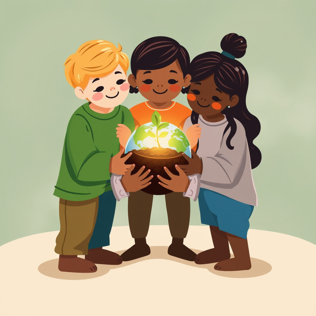 Sub-Design Idea 5: 'Guardians of the Seed' - A group of diverse young figures depicted in a protective and nurturing posture, encircling a small, brightly glowing seedling or a miniature, vibrant Earth. The design emphasizes care, responsibility, and the determined safeguarding of a hopeful future.