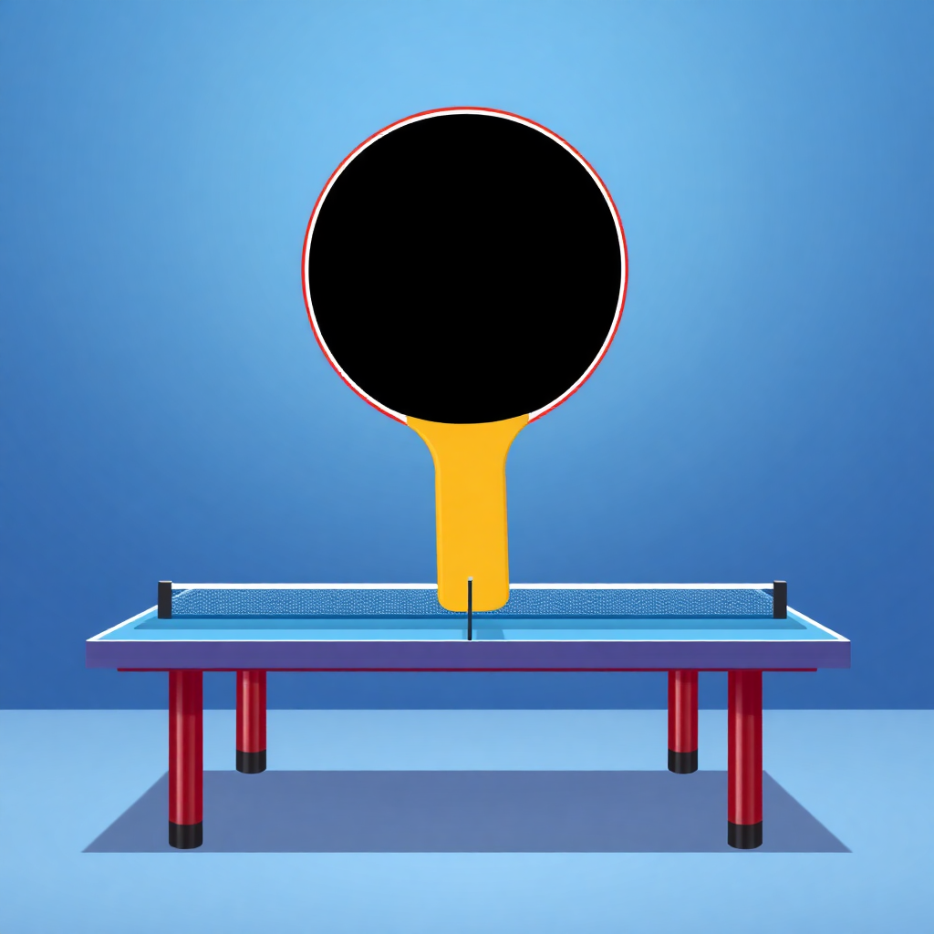 The image is a digital illustration of a ping pong table. The table is blue in color and has four red legs. On top of the table, there is a yellow paddle with a black handle. The paddle is positioned in the center of the image, ready to hit the ball. The background is a solid blue color. The image has a 3D effect, giving it a realistic look.