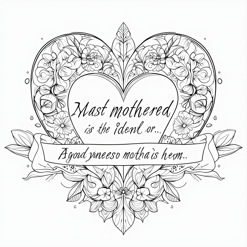 A central, large heart intricately patterned with various types of blooming flowers (roses, daisies, tulips). A sentimental quote about a mother's love is elegantly lettered within a banner draped across the heart or subtly integrated into the floral design.