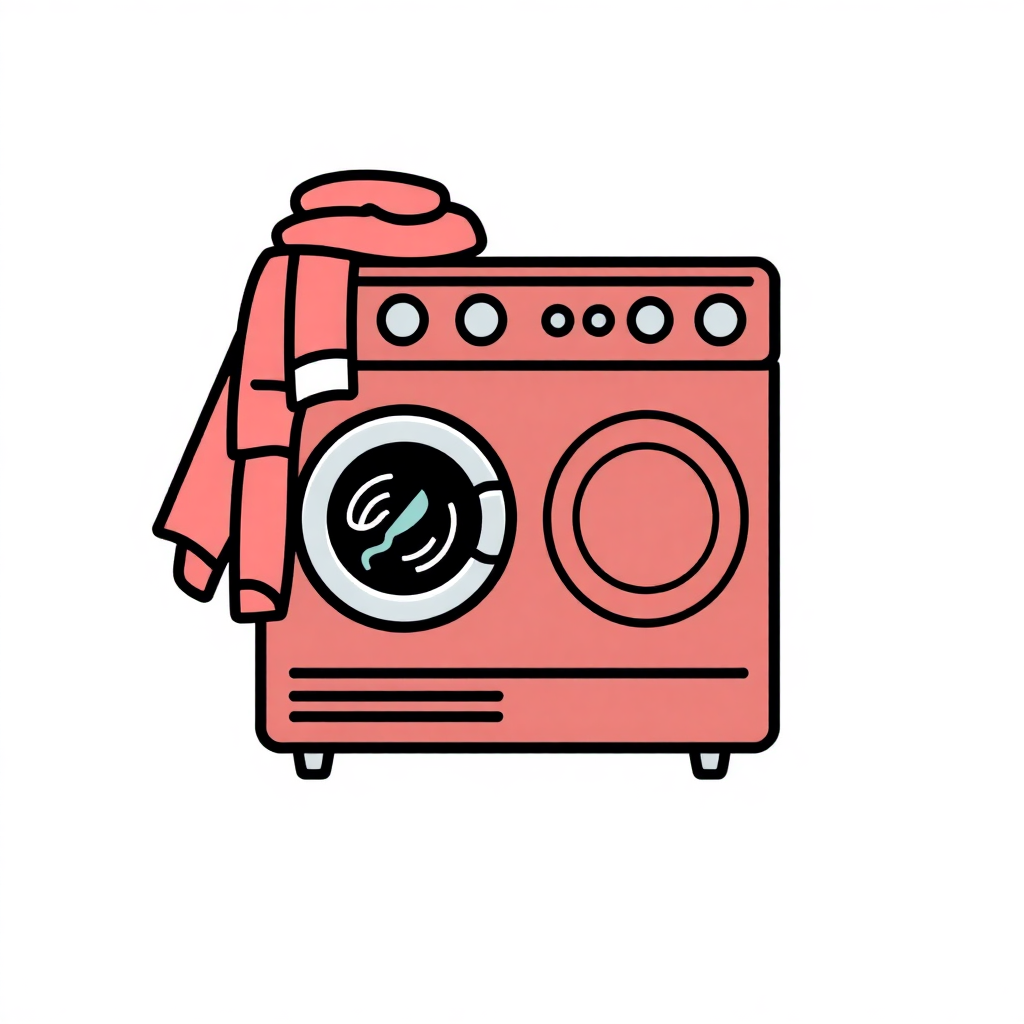 The image shows a pink washing machine with a red cloth draped over it, set against a white background.