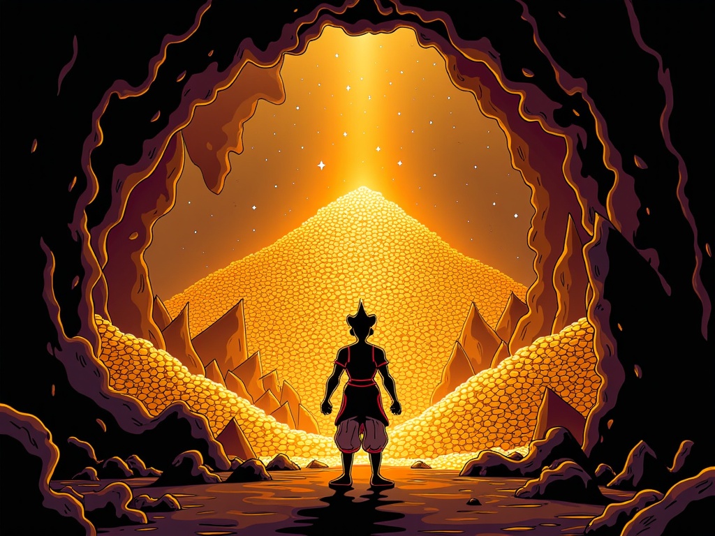 An interior-peeking view from just behind Aladdin's shoulder as he looks into the cave entrance. The immediate foreground is dark and silhouetted, framing a breathtaking vista of immense piles of gold coins, sparkling oversized jewels, and ancient artifacts, all glowing warmly within the depths of the cavern.