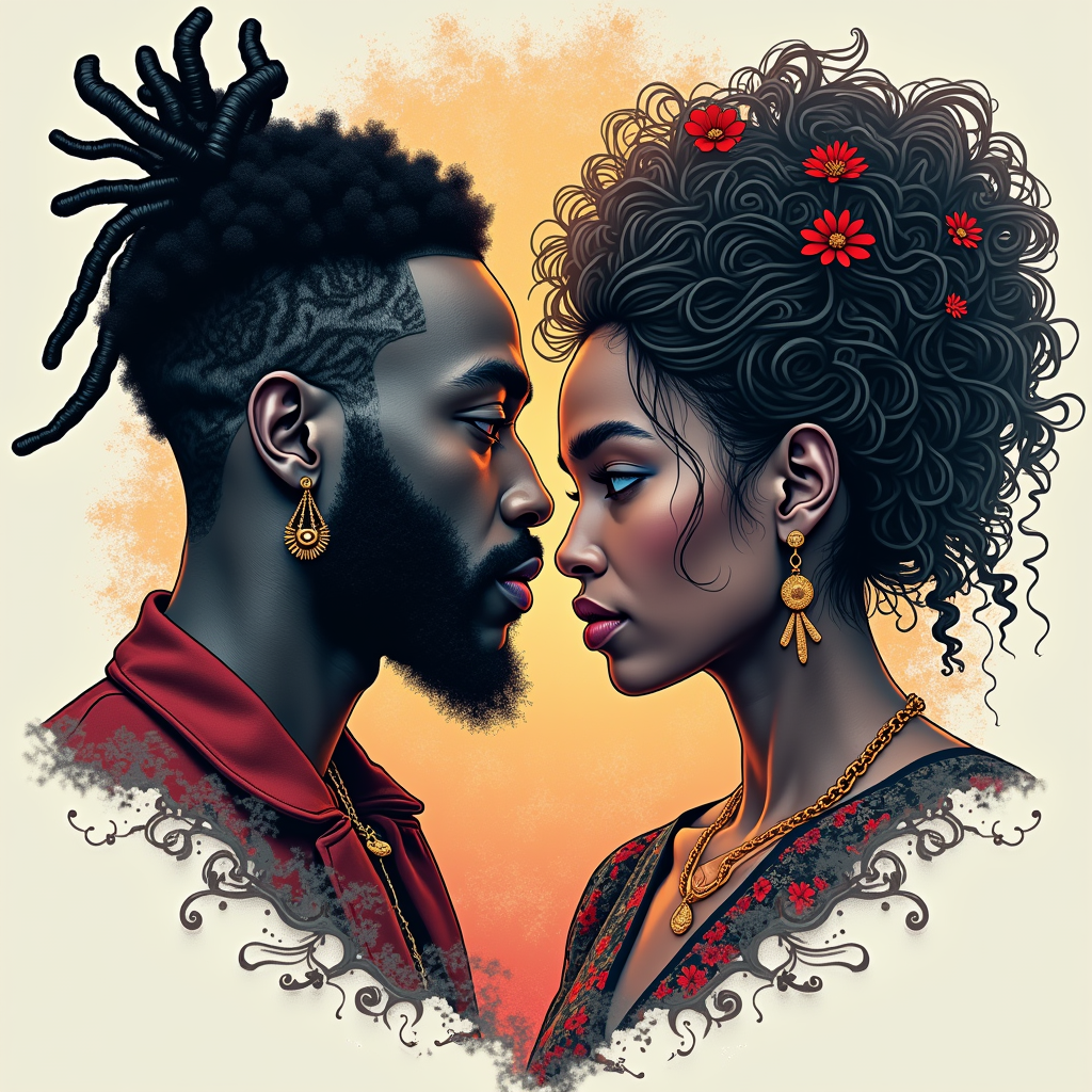 Visual Split & Merge: One half of the design features imagery associated with Kendrick Lamar (e.g., a subtle crown motif, gritty urban textures), and the other half features SZA's aesthetic (e.g., ethereal, nature-inspired elements, flowing lines). These two halves meet and blend in the center, symbolizing the 'intertwined verses'. The text 'Lyrical Alchemy' could be placed where they merge.