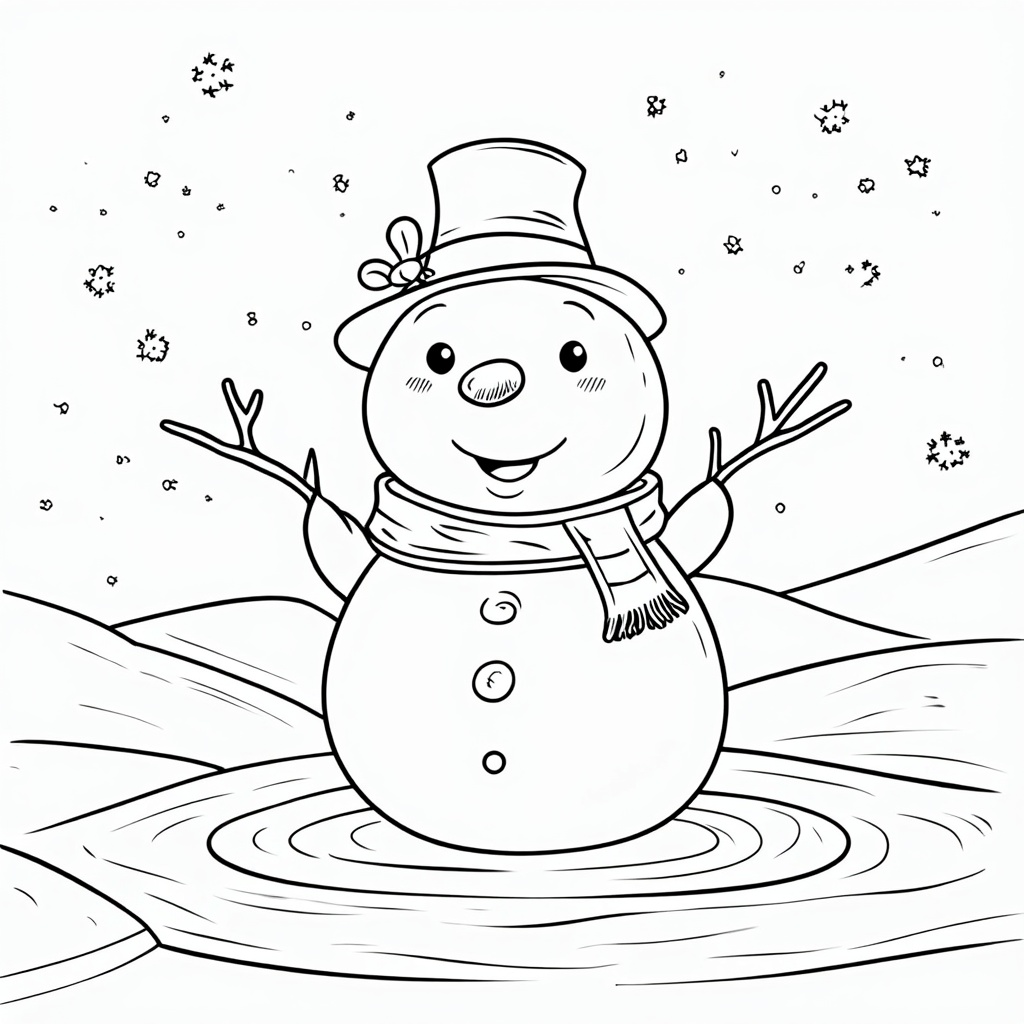 The image shows a snowman in the snow with a hat and scarf, surrounded by a wintery landscape of snowflakes falling from the sky. The snowman is sketched in black and white, with a watermark in the bottom right corner. It is a free printable coloring page, perfect for the winter season.