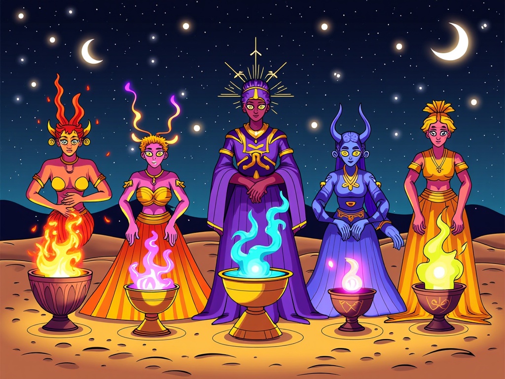 Illustrations depicting diverse Djinns (fiery Ifrits, ethereal Marids, shadowy Ghuls) cryptically emerging from ancient artifacts like lamps or urns, or manifesting from natural elements such as desert sandstorms or moonlit oases, emphasizing their otherworldly essence under the night sky.