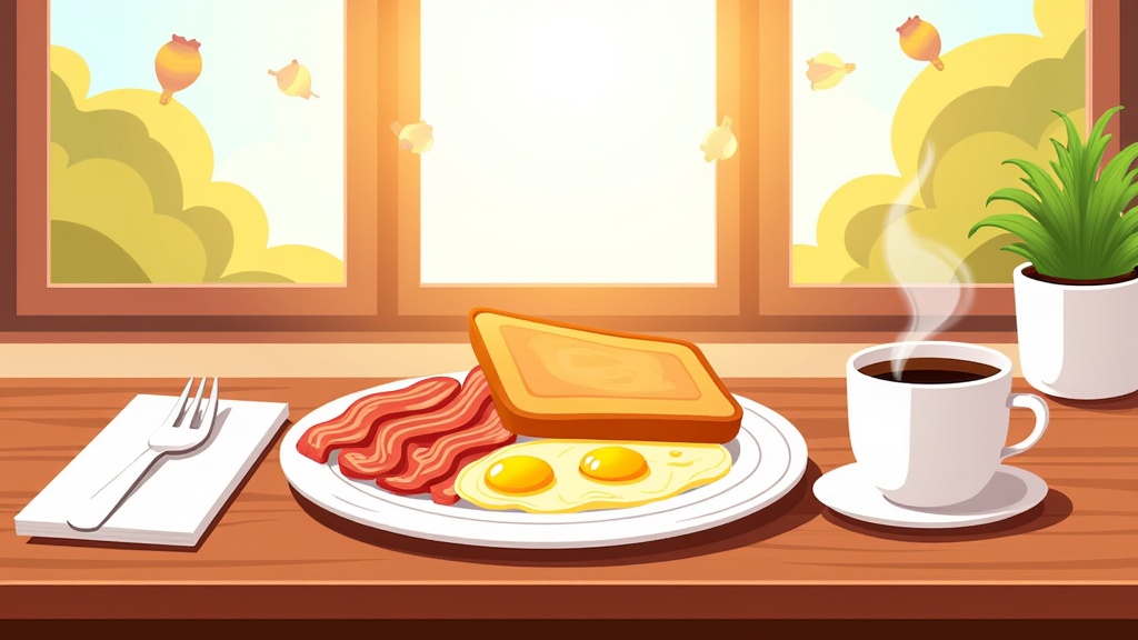  a breakfast meal on a wooden table in front of a window. On the table, there is a plate with two fried eggs, bacon, and toast. There is also a cup of coffee and a small potted plant on the table. A fork and knife are placed on a white napkin. The window has a view of trees and a blue sky with yellow clouds. The overall color scheme of the image is warm and inviting.