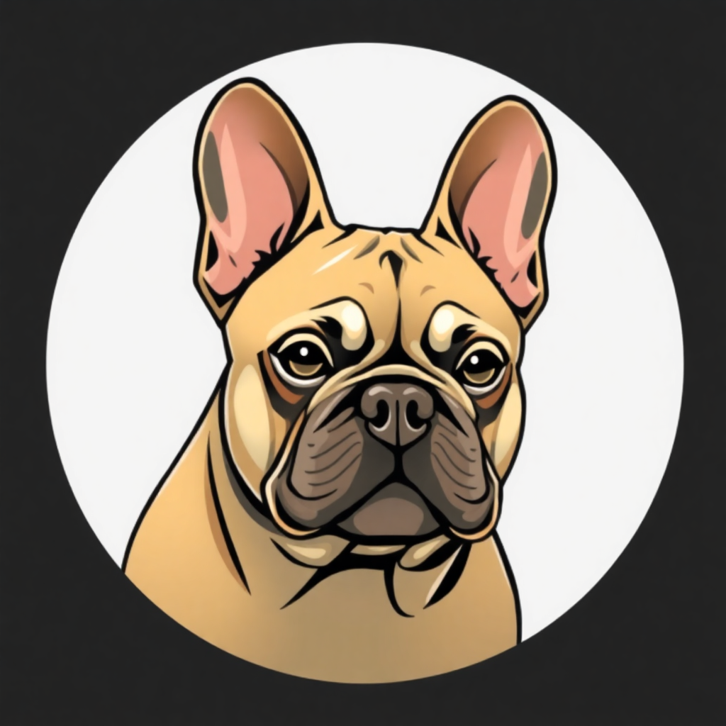 The image is a digital illustration of a French Bulldog's face. The dog is facing towards the right side of the image, with its head turned slightly to the left. Its ears are large and pointed, and its eyes are dark and expressive. Its nose is wrinkled and its mouth is slightly open, as if it is looking directly at the viewer. The background is white, and the dog's fur is a light brown color. The overall style of the illustration is simple and cartoon-like.