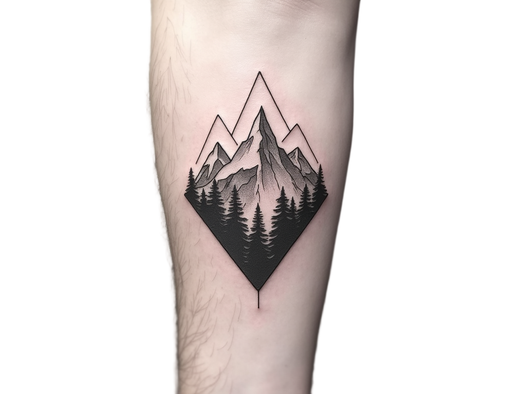 A geometric mountain tattoo on the forearm, presenting bold yet minimal ink lines that embody adventure and a deep connection with nature's grandeur.