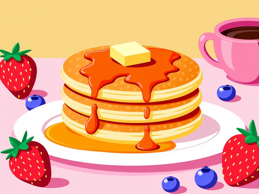  a stack of pancakes on a white plate with a pink background. The pancakes are golden brown and appear to be freshly made. On top of the stack, there is a dollop of butter and drizzled with syrup. There are also a few blueberries scattered around the plate. On the right side of the image, there are two strawberries and a pink cup of coffee. The overall color scheme is pink and yellow, giving the image a cheerful and inviting feel.