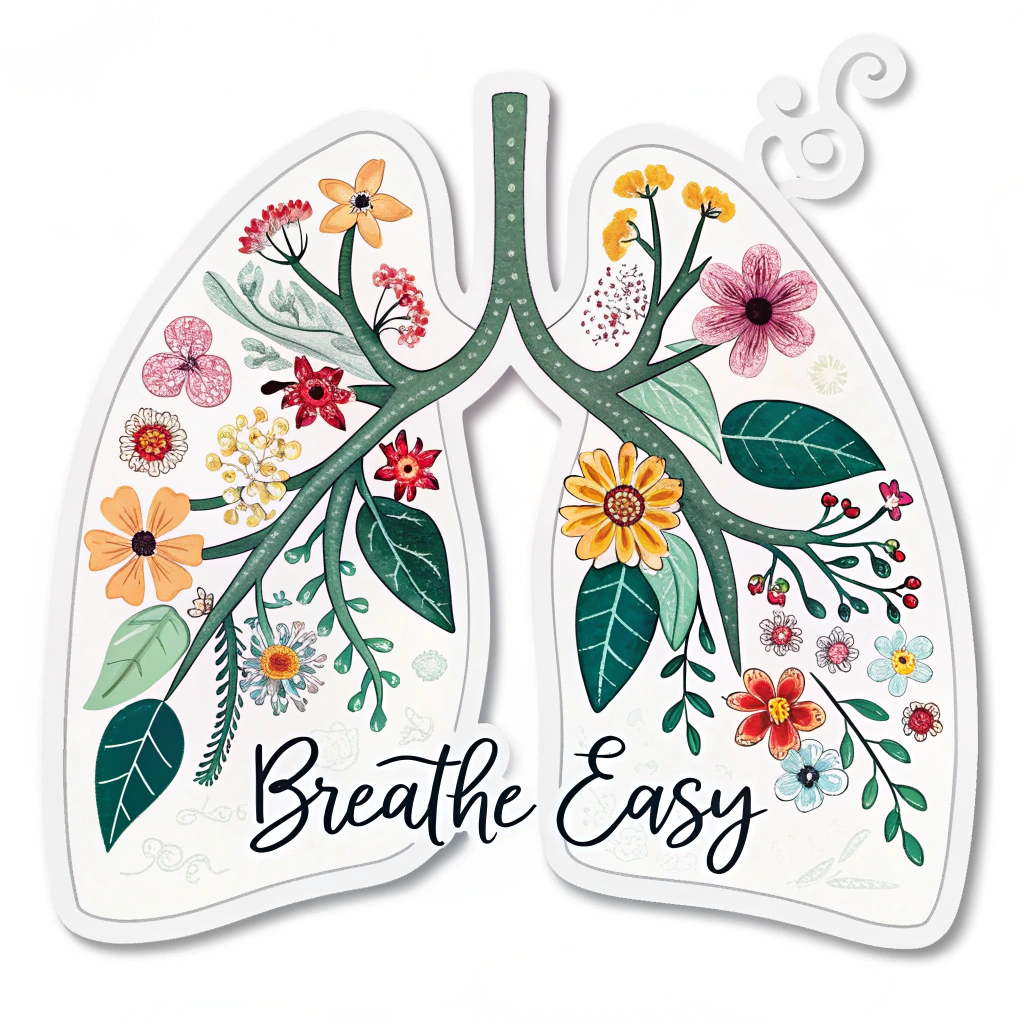 Stylized lungs blooming with small, colorful flowers and leaves, with the text 'Breathe Easy' in a flowing script below.