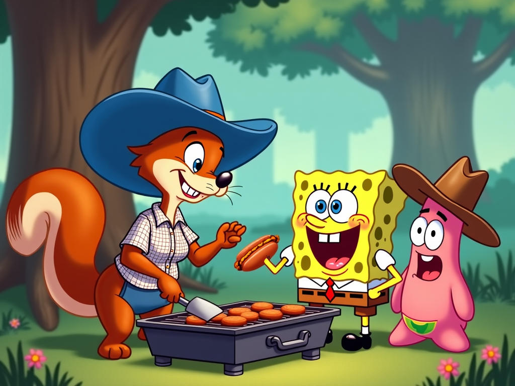 Sandy Cheeks hosting a Texan-themed barbecue at her treedome, with SpongeBob and Patrick enjoying hot dogs and cowboy hats.