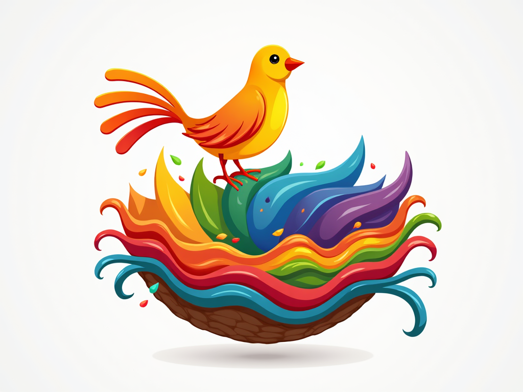 A logo featuring a stylized bird silhouette with rainbow-colored lines suggesting movement, placed above or beside a nest icon that incorporates rainbow layers or interwoven lines.