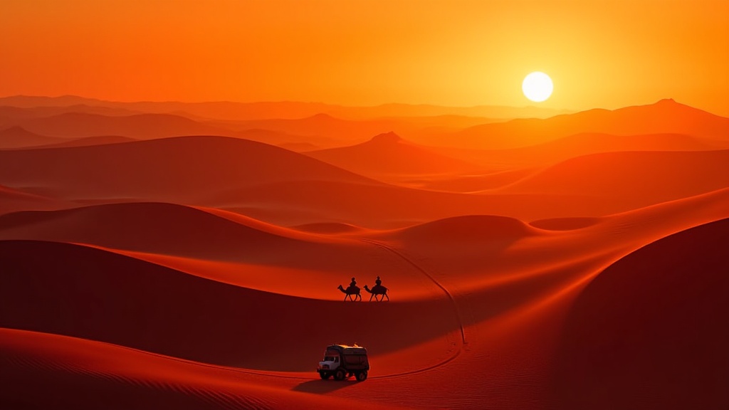 Dunes of Eternity: Emphasize the vast, rolling desert landscape. Feature multiple layers of sand dunes in varying shades of silhouette against the sunset, with the caravan winding its way through these undulating forms. Play with light and shadow on the dune surfaces.