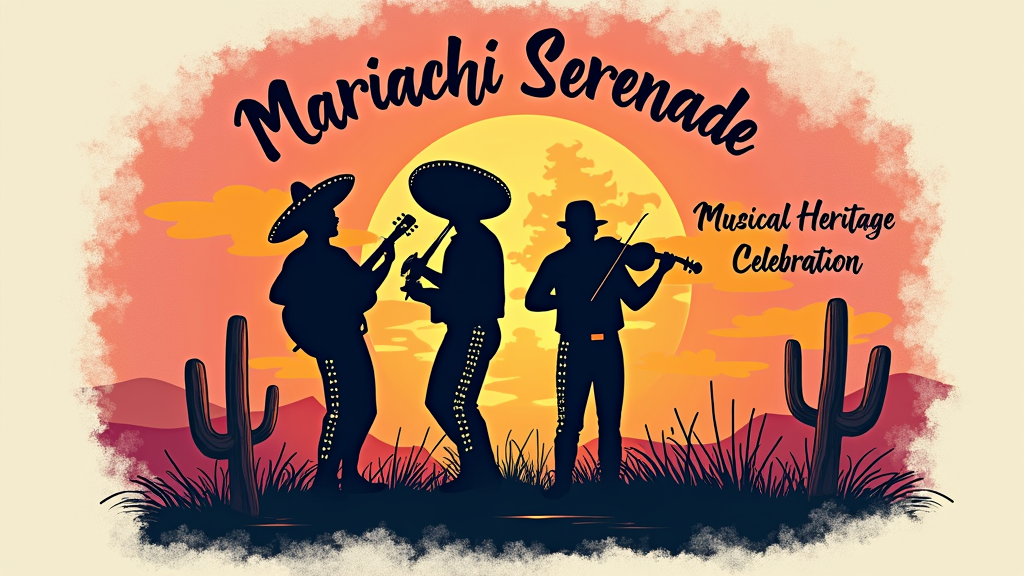 Silhouette Serenade: Feature a silhouette of a mariachi band playing against a vibrant sunset or a stylized Mexican flag. Text: 'Mariachi Serenade' and 'Musical Heritage Celebration'.
