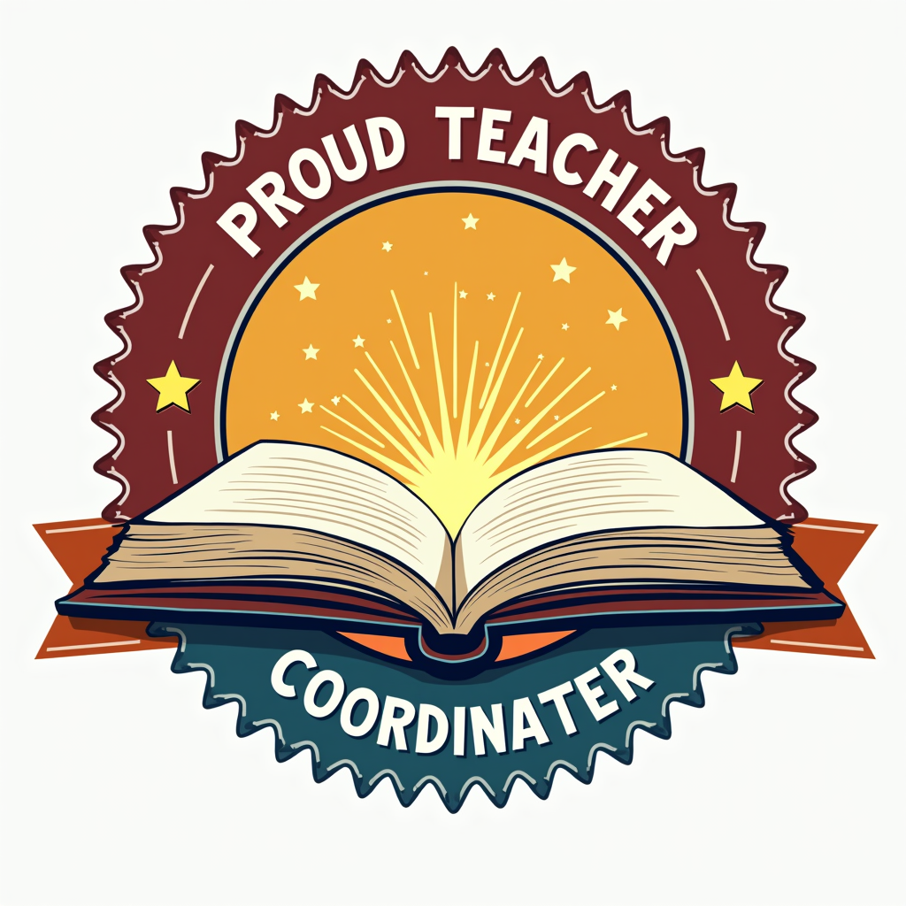 Simple Logo Idea: A badge or emblem design. The top arc reads 'Proud Teacher,' the bottom arc reads 'Chaos Coordinator,' with a central element like an open book releasing small, energetic sparks or stars.