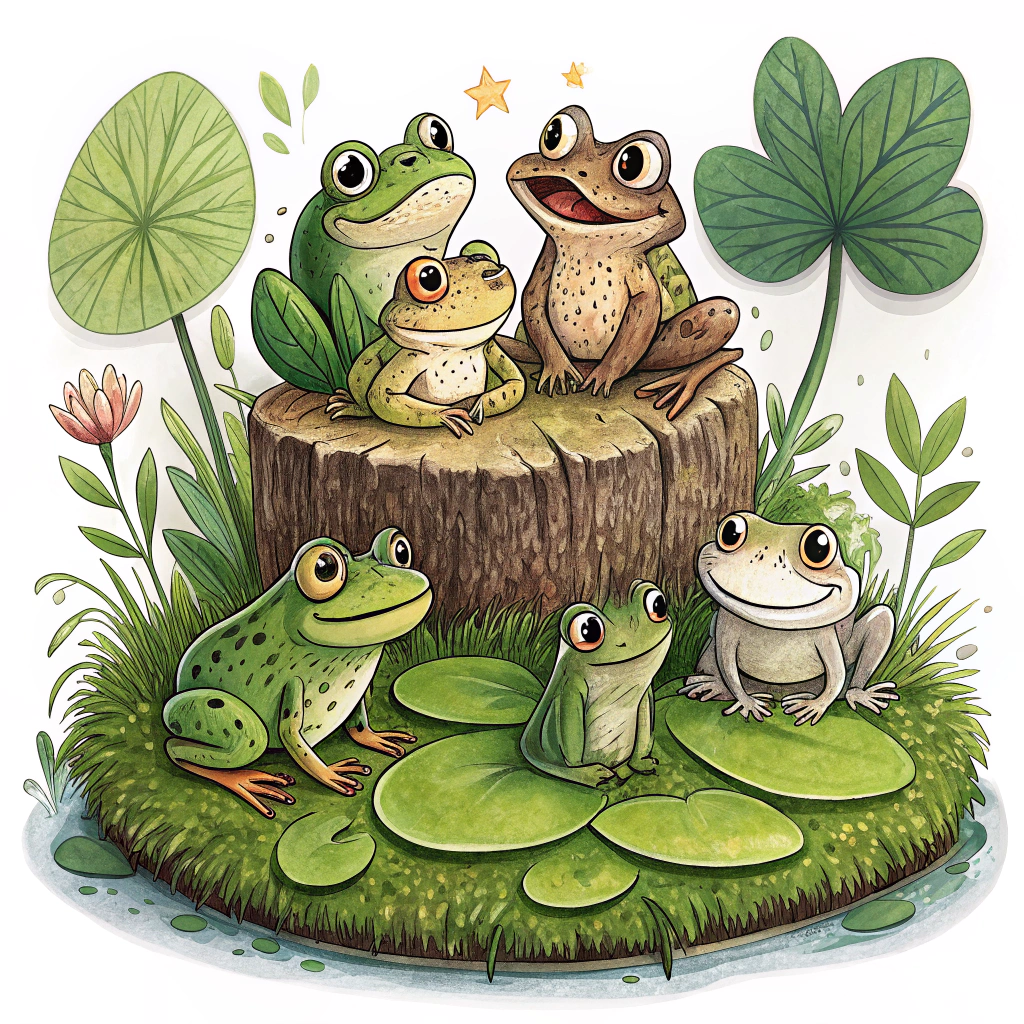A single large sticker showing a group of diverse frogs sitting together on a large lily pad or mossy log, looking outwards with friendly expressions.