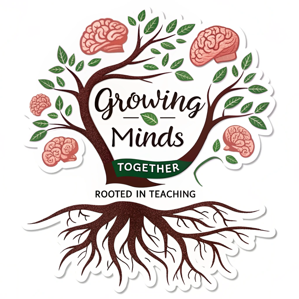 The Nurturing Tree: A stylized tree with prominent, deep roots symbolizing 'Rooted in Teaching'. The leaves are depicted as glowing brains or open mini-books, representing 'Growing Minds'. The phrase 'Growing Minds Together' could be subtly incorporated into the branches or canopy.