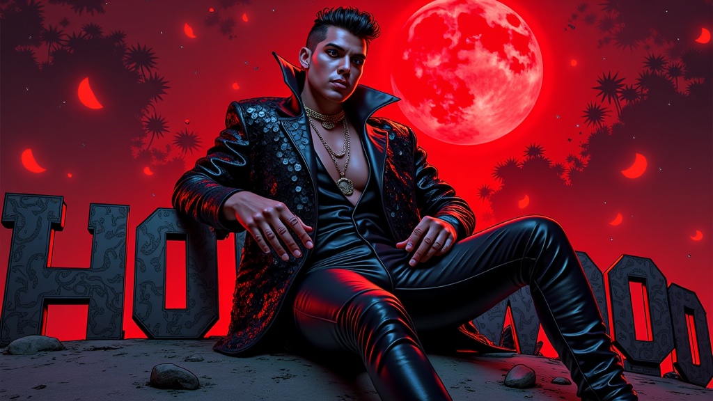 Post Malone depicted as a charismatic Glam Vampire King, enthroned on decaying Hollywood sign letters under a blood-red moon, adorned in sequins, leather, and dramatic makeup.
