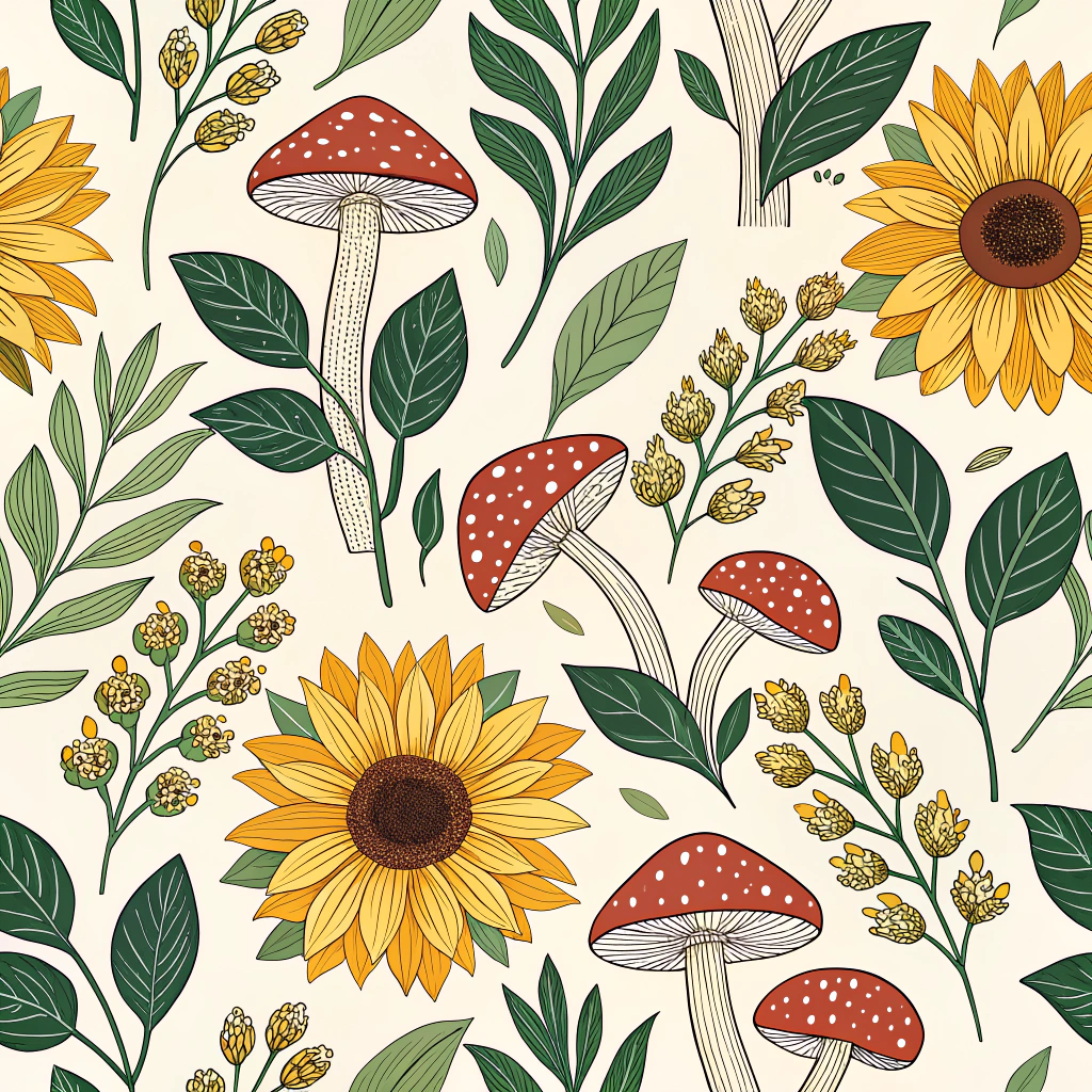 A vibrant botanical design showcasing sunflower-like leaves paired with cluster-cap mushrooms in earthy tones.