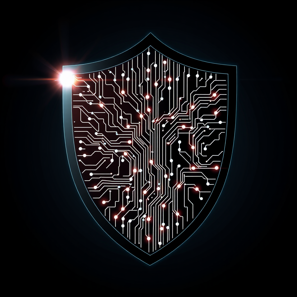 A shield silhouette where the interior is filled with an abstract network of interconnected nodes and pathways, resembling a complex digital maze. Light pulses could travel these paths, signifying active encryption and defense mechanisms.