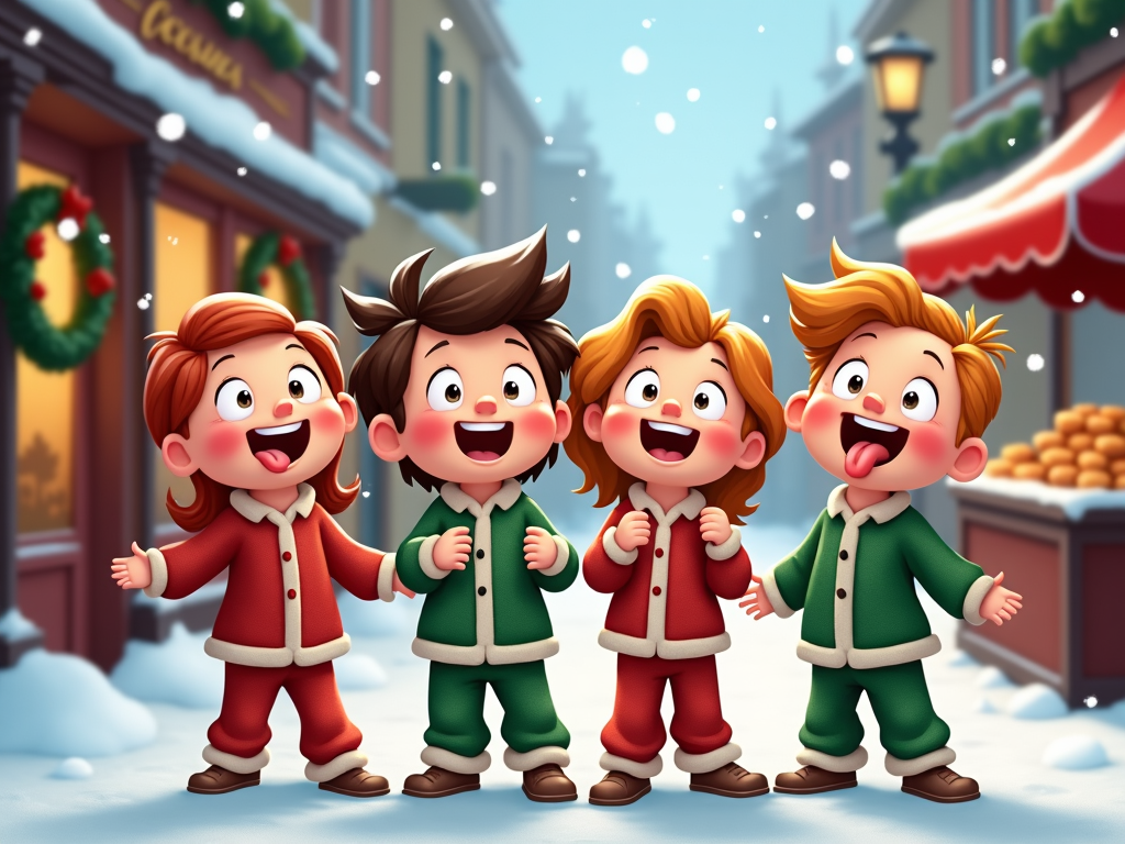 An energetic group of cartoon kids wearing Christmas pajamas, attempting to catch snowflakes on their tongues on a bustling snowy street. Decorative wreaths adorn every doorway, while street vendors sell roasted chestnuts and festive pastries, creating a joyous urban holiday scene.