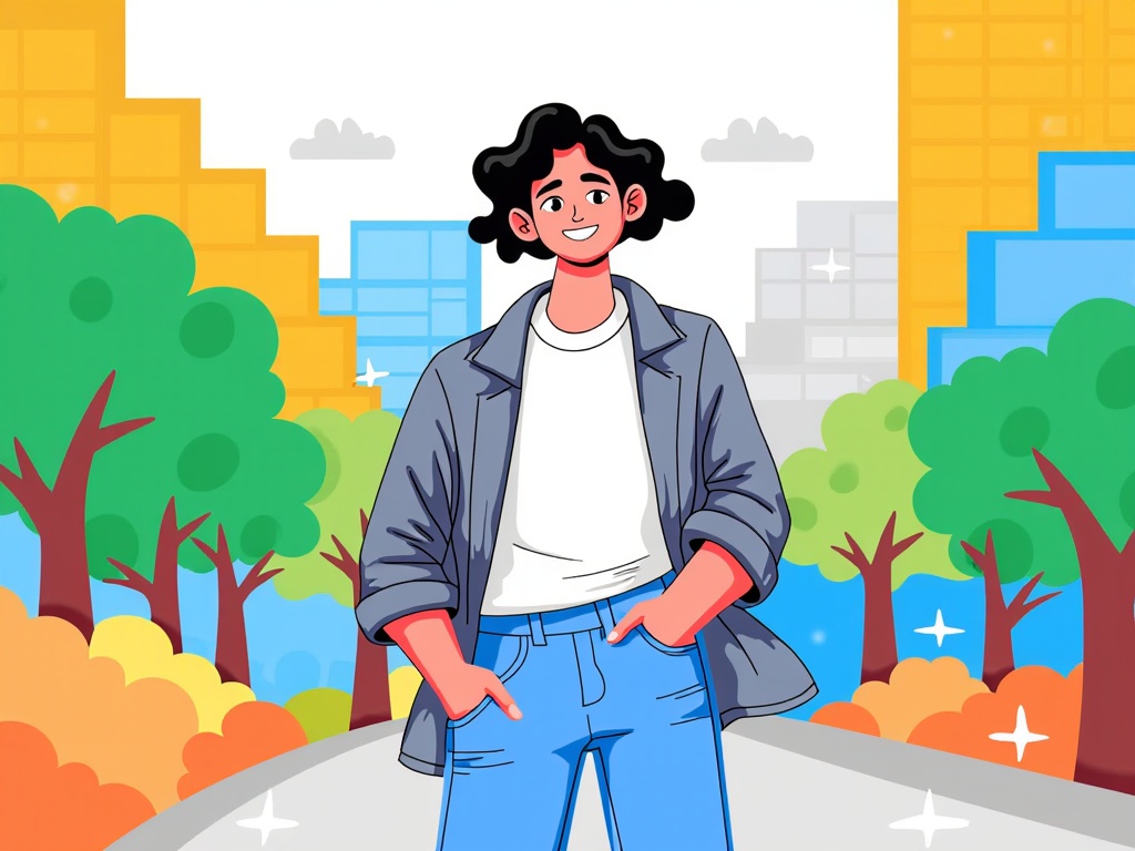 The image is an illustration of a young man standing in a park. He is wearing a white t-shirt, blue jeans, and a gray jacket. He has curly black hair and is smiling at the camera. The background of the image is filled with colorful trees and buildings. The sky is blue with white clouds. The overall style of the illustration is cartoon-like.