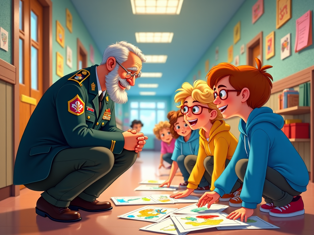 A vivid portrayal of a school hallway lined with artwork. A veteran examines these pieces with children who proudly point out their creations. The display features various tributes to military heroes, each bursting with colors, enhancing the emotional connection between education and appreciation.