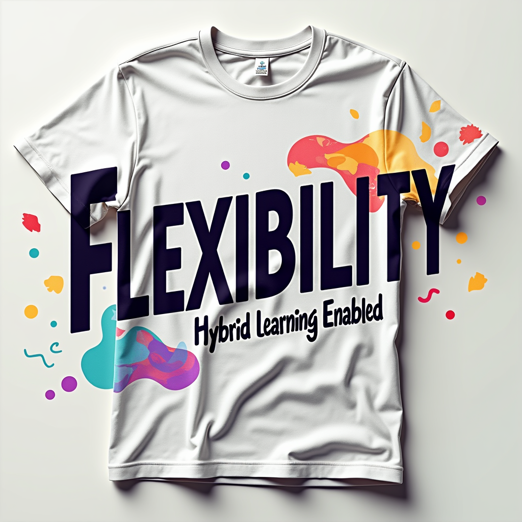 A typographic design where the word 'FLEXIBILITY' is prominent, perhaps with letters adapting or stretching. Below it, smaller text reads 'Hybrid Learning Enabled'.
